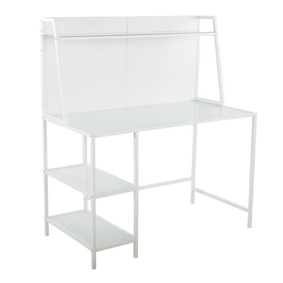 Geo Tier Contemporary Office Desk In White Metal And Frosted Glass