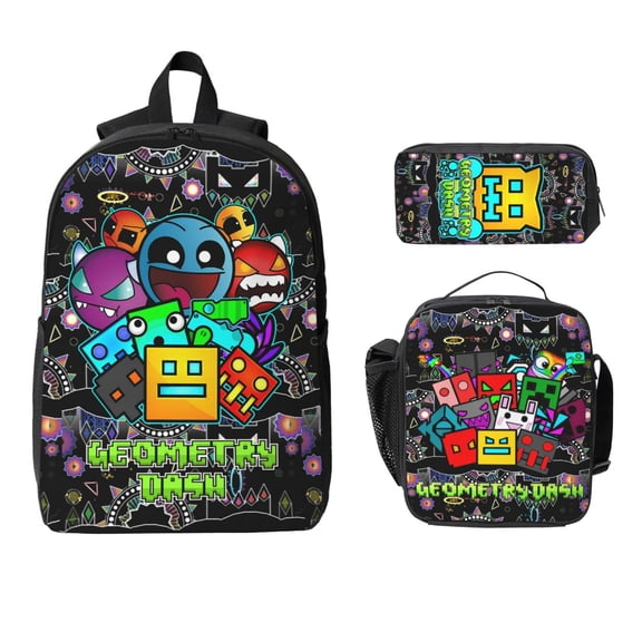 Geo-metry Game Dash Backpacks 3pcs Set Laptop Shoulder Bags Casual Daypack Lunch Bag Pencil Pouch Travel Hiking