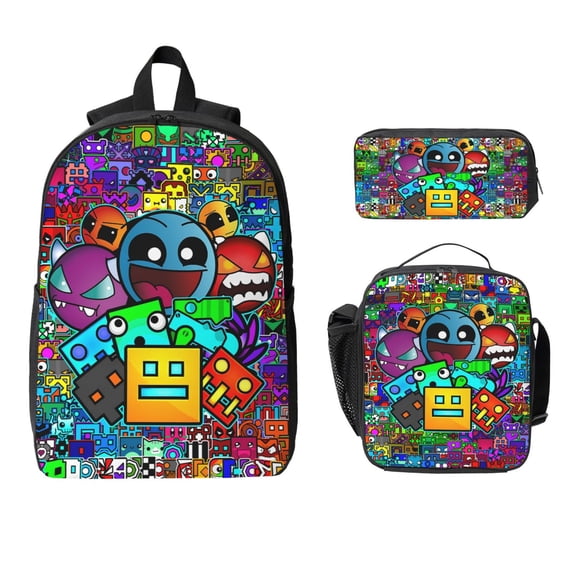 Geo-metry Game Dash Backpacks 3pcs Set Laptop Shoulder Bags Casual Daypack Lunch Bag Pencil Pouch Travel Hiking