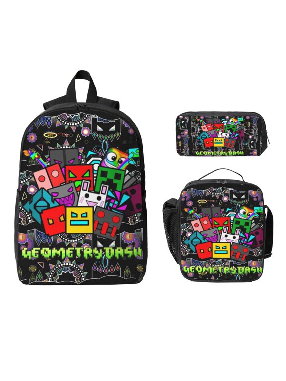 Geo-metry Game Dash Backpacks 3pcs Set Laptop Shoulder Bags Casual Daypack Lunch Bag Pencil Pouch Travel Hiking