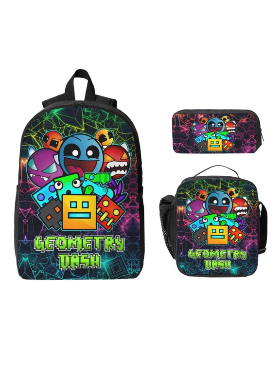 Geo-metry Game Dash Backpacks 3pcs Set Laptop Shoulder Bags Casual Daypack Lunch Bag Pencil Pouch Travel Hiking