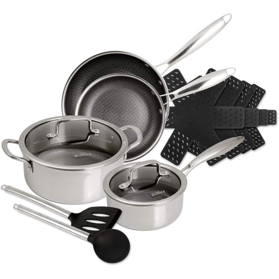 GeoClad Ceramic 12-Piece Cookware Set  Stainless Steel Sear Surface, Geometric Pattern, Tri-Ply Clad Body, -Free, Dk Gray/