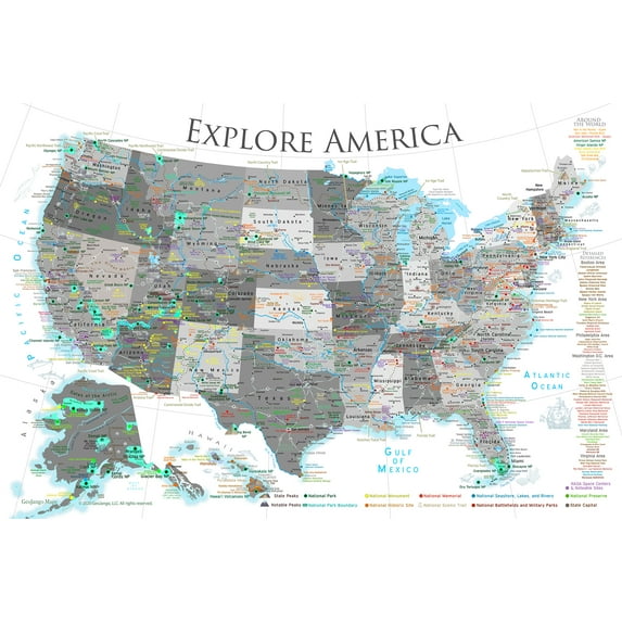 GeoJango USA Wall Map Poster - Black & White (30x20 Inches)