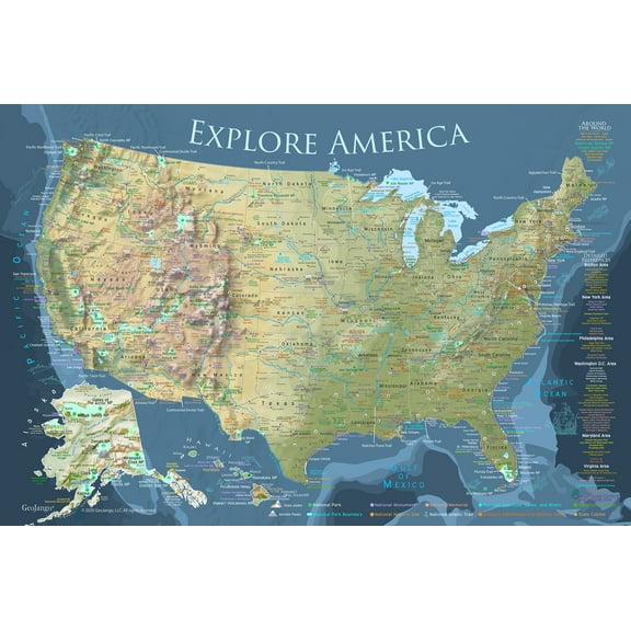 GeoJango United States USA Map Poster With States - Voyager (36x24 Inches)