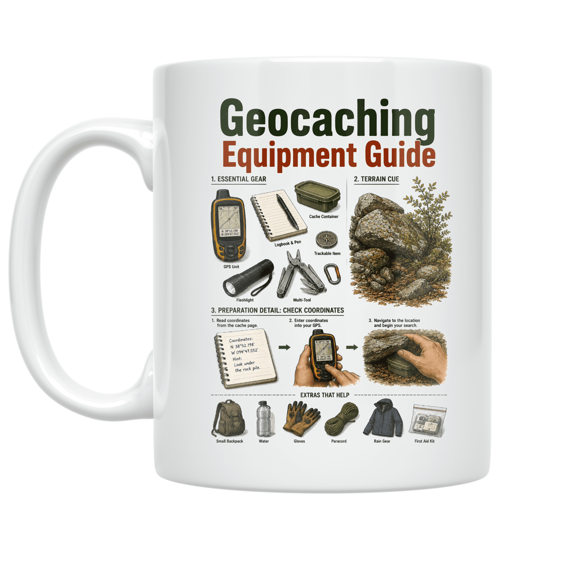 Geocaching Equipment Guide Mug, Outdoor Enthusiasts, Geocaching Trips ...