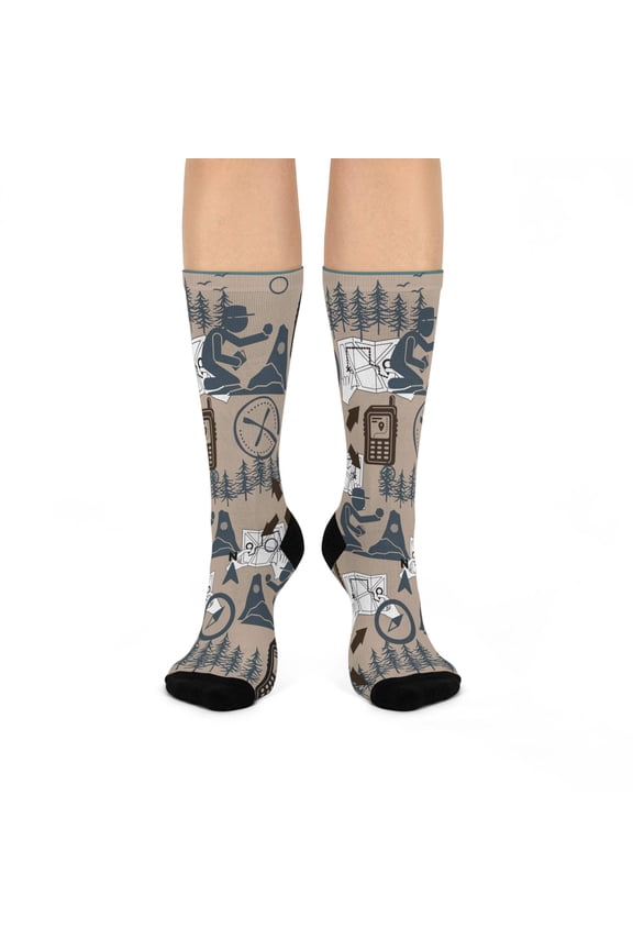 Geocaching Socks, Tan GPS Unisex Mid-Calf Crew 1 Pair 1 Size Atlas Wanderlust