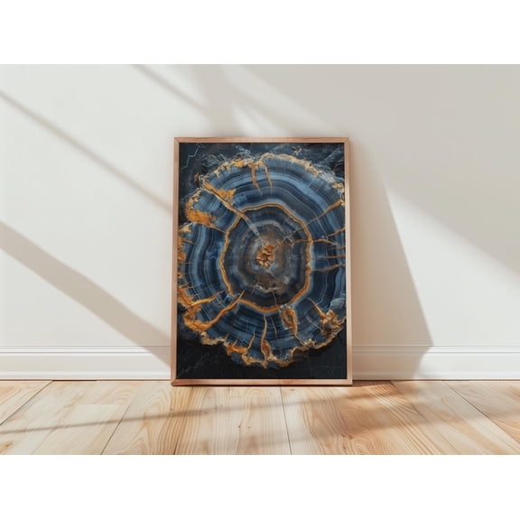Geode Blue Agate Crystal Slice Modern Gold Natural Decor Living Room, Unframed Canvas