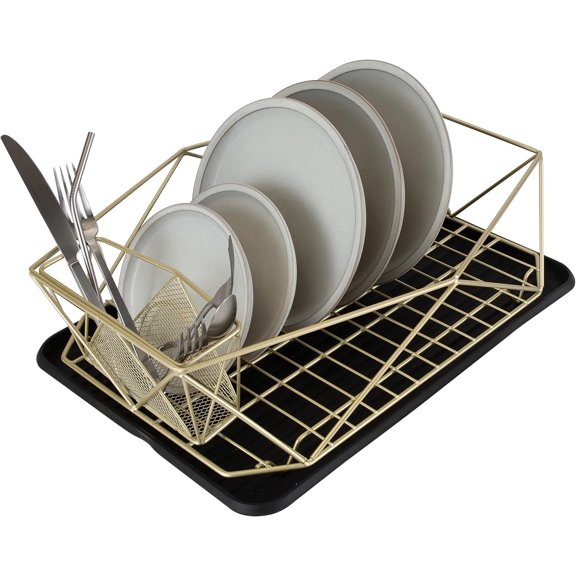 Geode Deluxe Dish Drying Rack with Drain Board | Cutlery Basket | Utensil Holder | Iron Frame | Satin Gold