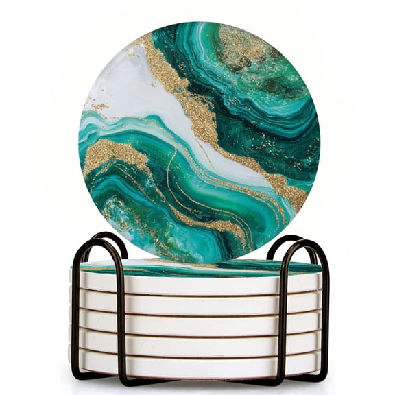 Geode Green Gold Vein Coasters, Set of 6 Ceramic Coasters for Coffee Table Decor, Absorbent Ceramic Drink Coasters with Cork Backing for Table Protection