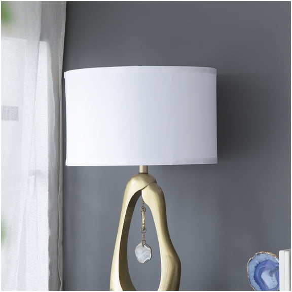 Geode-Inspired Gold Aluminum Table Lamp with White Fabric Drum Shade and Hanging Agate Accents 16x16x27.5 Inches