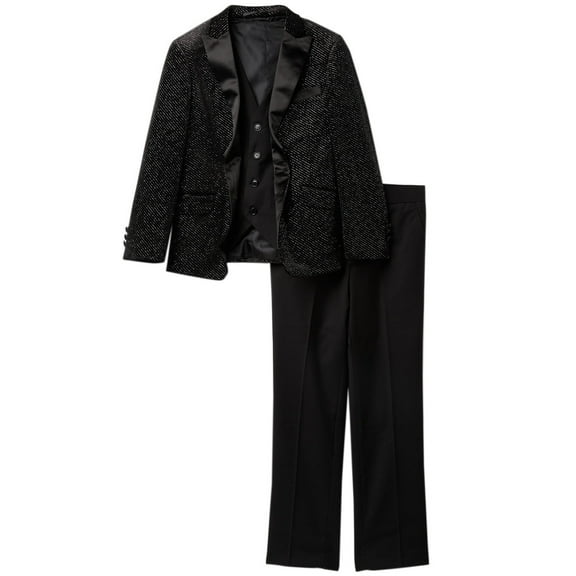 Geoffrey Beene Boy's Modern Fit 3-Piece Jacket Vest Trousers Satin Peak Lapel Formal Tuxedo Set