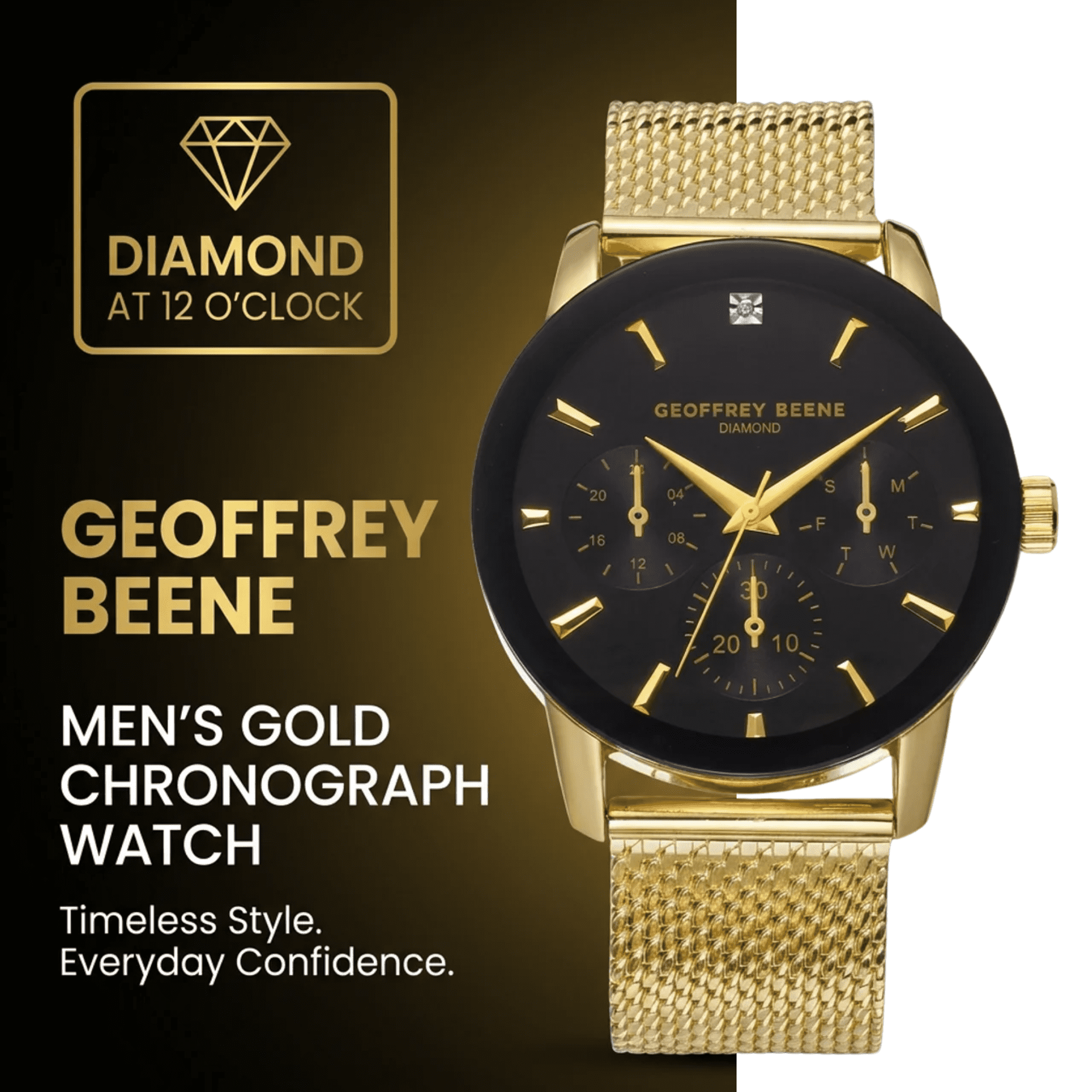 Men’s Gold Chronograph Watch – Stainless Steel Mesh Band, Luxury Dress Watch for Men, Quartz Movement, Water Resistant, Elegant Gift for Him