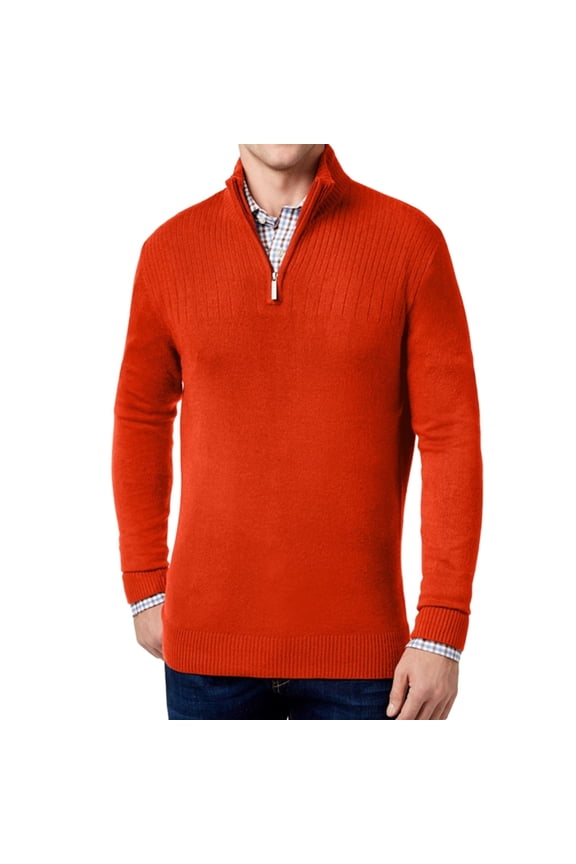 Mens Ribbed Yoke 1/4 Zip Pullover Sweater, Orange, Big & Tall, Big 2X