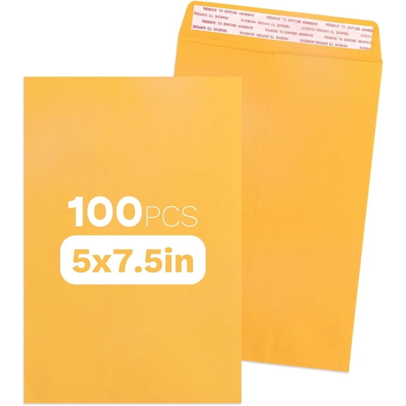 Geofun Small Manilla Envelopes 5 x 7.5 inch with Peel & Seal Closure 100 Pack, Open End, Yellow Envelopes 5 x 7.5 inch for Efficient Organization & Mailing