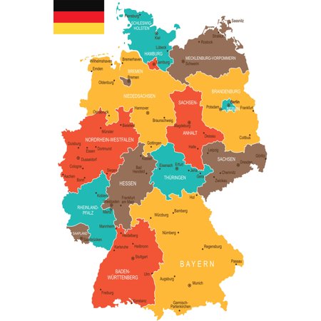 Geographical Map of Germany Travel World Map with Cities in Detail Map Posters for Wall Map Art Wall Decor Geographical Illustration Tourist Travel Destinations Cool Wall Art Print Poster 12x18