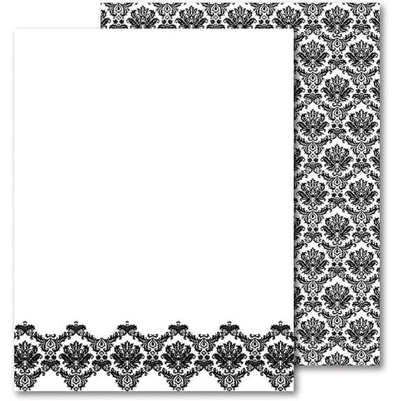 Geographics Black & White Damask Letterhead, 2 Sided Decorative Printer Paper, Stationary Paper for Invitations & Letters, 8.5" x 11" (25 Sheet per PK / 8 PK per Box)