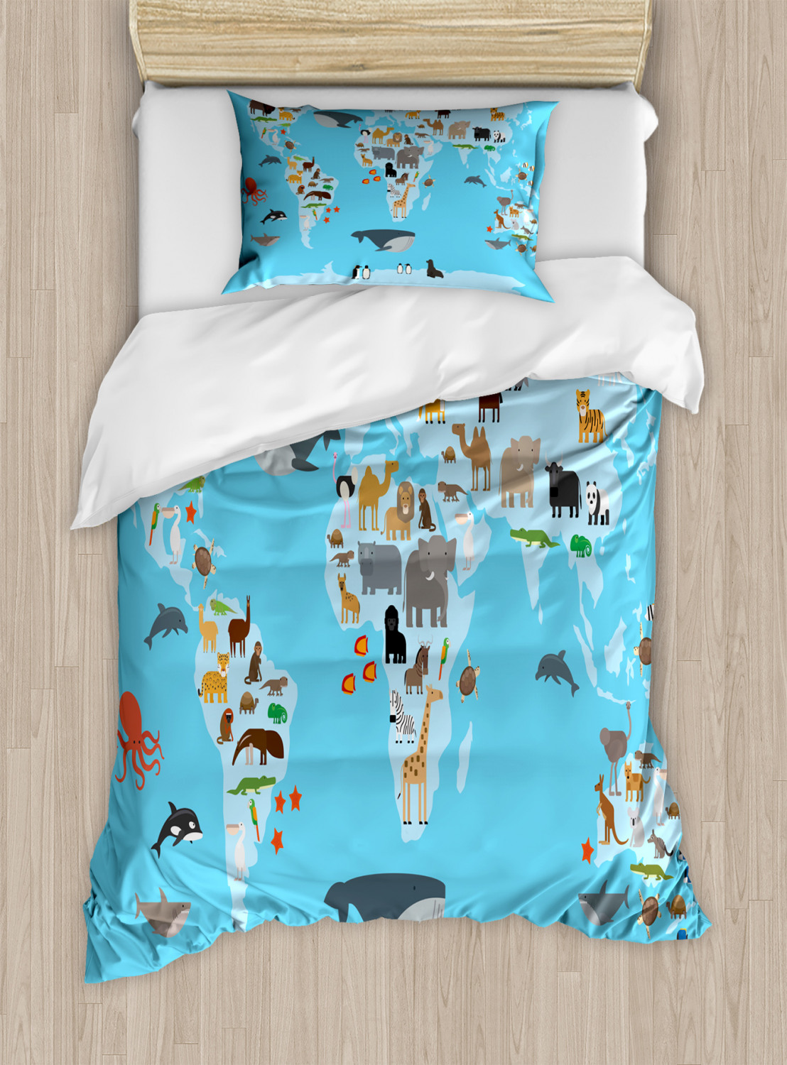 Geography Duvet Cover Set Twin Size, Guide World Map Animals Living ...