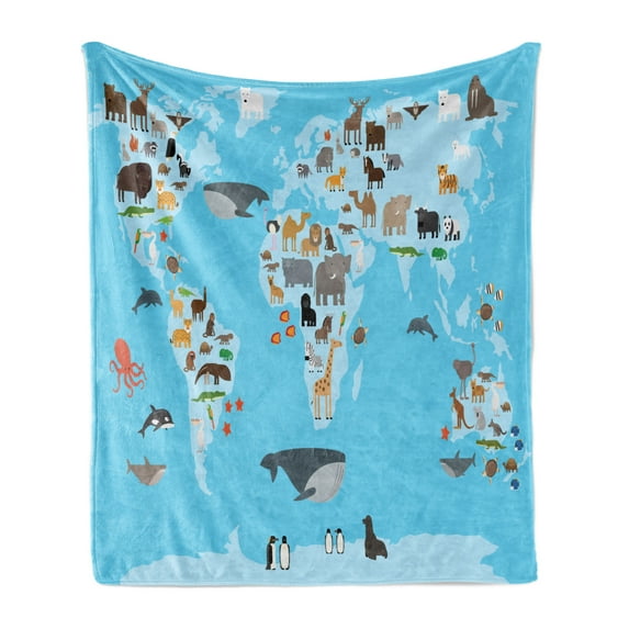 Geography Soft Flannel Fleece Throw Blanket, Guide World Map Animals Living Places Kids Discovery Safari Earth, Cozy Plush for Indoor and Outdoor Use, 50" x 60", Sky Blue and Multicolor, by Ambesonne