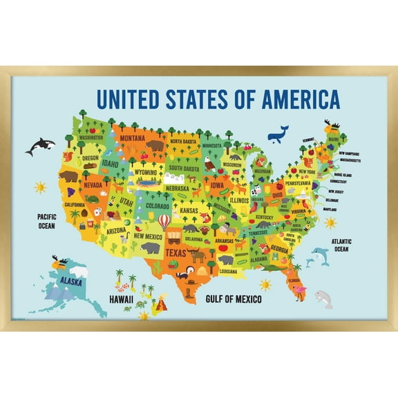Geography - USA Map Animals And Icons 26 Wall Poster, 22.375" x 34" Framed