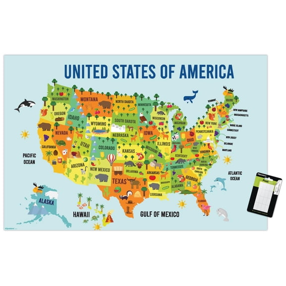 Geography - USA Map Animals And Icons 26 Wall Poster, 22.375" x 34"