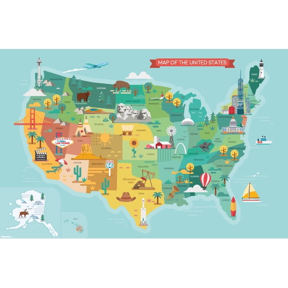 Geography - USA Map Landmarks And Icons 26 Wall Poster, 22.375" x 34"