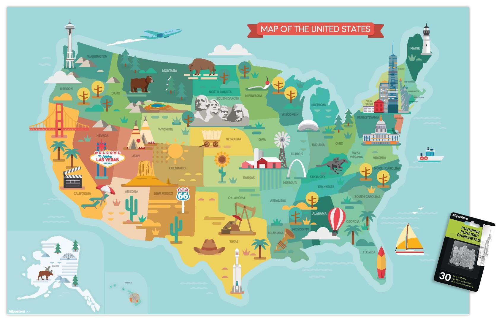 Geography - USA Map Landmarks And Icons 26 Wall Poster with Pushpins ...