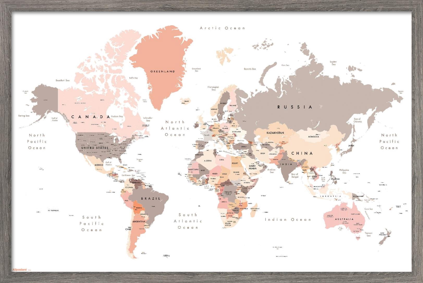 Geographically Neutral Geography - World Map Neutral Earth Tones 26 Wall Poster, 22.375
