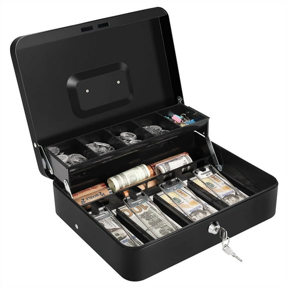 Goehiaul Cash Box with Money Tray and Lock Money Box for Cash Cash Box with Lock 11.80" x 9.40" x 3.54"