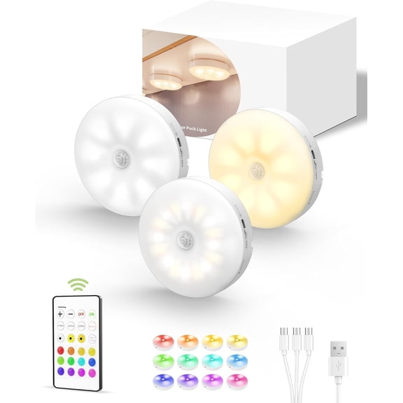 Geohope 3 Pack Rechargeable Cabinet Puck Lights, 1000mAh Motion Sensing Lights, Remote Controlled, 3 Color Modes + 12 RGB, Dimmable for Home Use