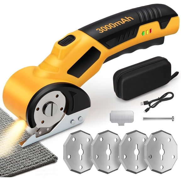 Geohope 4.2V Cordless Electric Cutting Scissors,  300RPM Portable Box Cutter with 4 SK5 Blades, LED Light & Safety Lock, Full Accessories with Storage Case for Craft, Leather, Carpet & Cardboard