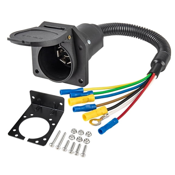 Geohope 7 Way RV Vehicle Side Trailer Connector Socket,7 Pin Wiring Harness Pigtail Adapter with Mount Bracket Screws,6-24V Universal Truck Camper Plug,Tin-Plated Copper Terminals Quick Install Kit