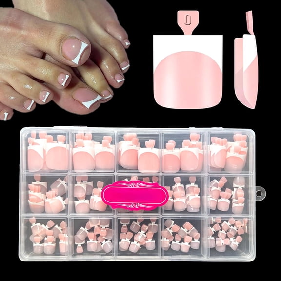 Geohope French Press On Toe Nails, 160Pcs Short Square Round Full Cover Fake Toenail Tips, 15 Sizes Baby Pink Pre-shaped Acrylic Toe Nail Extensions for Women