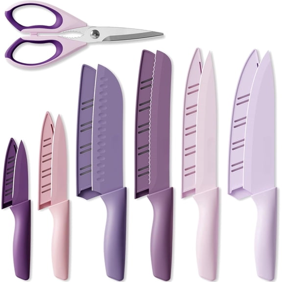 Geohope Knife Set, 13 Pieces Kitchen Knives Set with Healthy Anti-Rust Coating, Dishwasher Safe, Stainless Steel Chef Knife Sets with 6 Blade Guards, Perfect Holiday Gifts for Kitchen