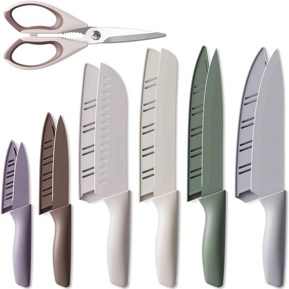 Geohope Knife Set, 13 Pieces Kitchen Knives Set with Healthy Anti-Rust Coating, Dishwasher Safe, Stainless Steel Chef Knife Sets with 6 Blade Guards, Perfect Holiday Gifts for Kitchen
