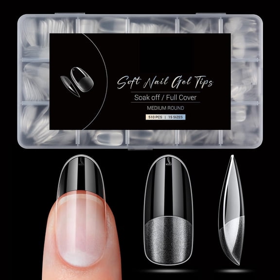 Geohope Medium Round Oval Fake Nail Tips - 510Pcs Gel Tips Pre-shaped Half Matte Full Cover Clear Acrylic Gel Kit False Press on Nails for Extension DIY Salon 15Sizes