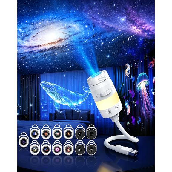 Geohope Star Projector Galaxy Night Light for Bedroom Ceiling Ocean Wave 24 Slides 360 Degree Gooseneck USB Dimmable Mini Lamp Plug and Play for Car Travel