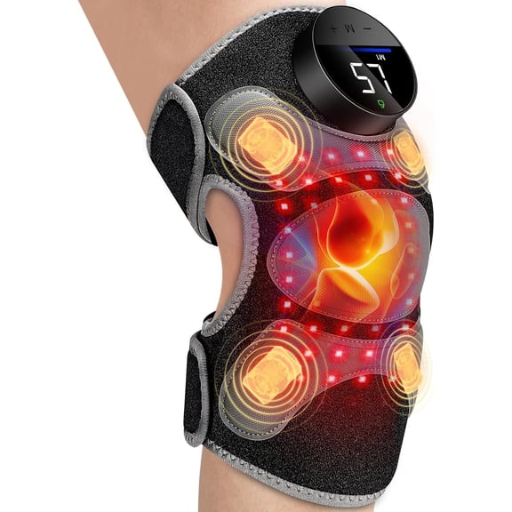 Geohope Upgraded Multi-Zone Heated Knee Brace with Red Light Therapy, 660nm 850nm Infrared LED Knee Massager, Cord-Free Rechargeable Controller & Auto Shutoff for Elbow Shoulder Muscle Relax