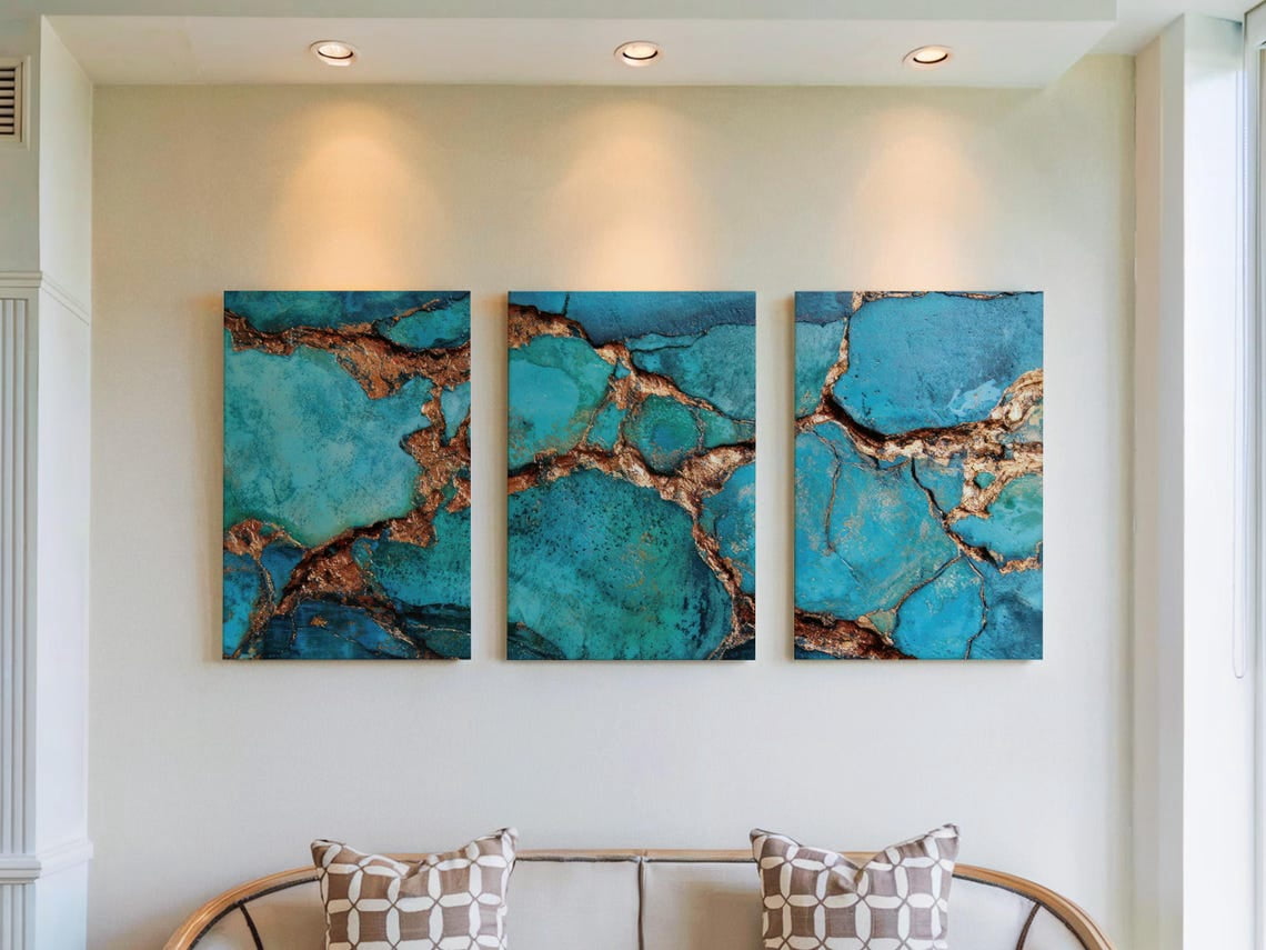 Geological Earth Layer Prints Set Of 3, Turquoise Copper Mineral Wall ...
