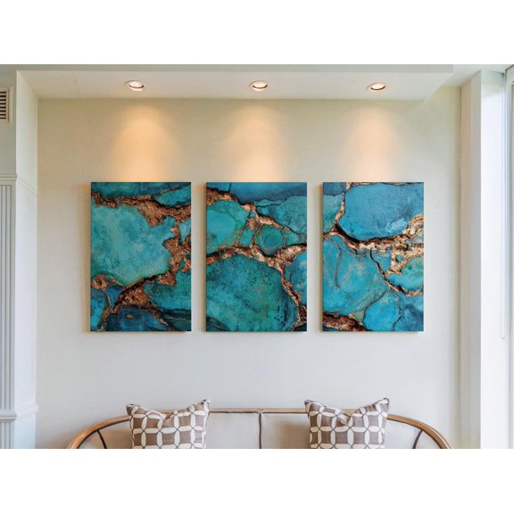 Geological Earth Layer Triptych Turquoise And Copper Mineral Modern Patina Gallery Set For Decorative Wall Art Poster, , Poster Only