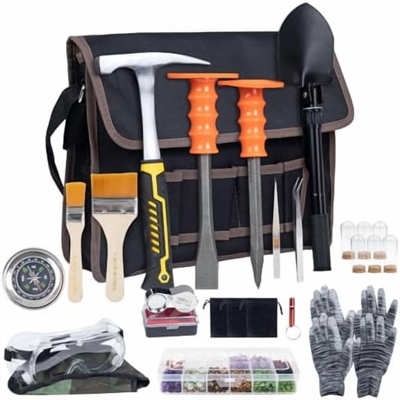 Geology Rock Pick Hammer Kit 25PCS Rock Hammer Kit, Complete Geology Kit with Chisels,Folding Shovel, Safety Gear,Gold Panning Kit Accessories, Rock Hounding Equipment for Outdoor Exploration