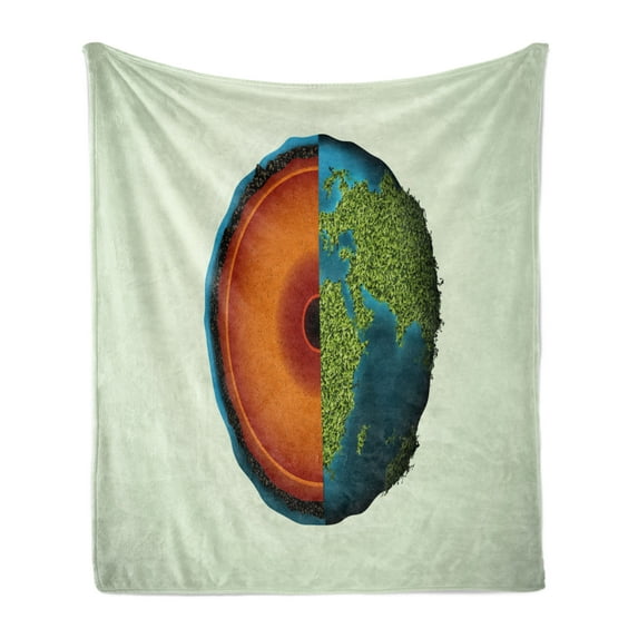 Geology Soft Flannel Fleece Blanket, Composition of Earth Illustration Computer Graphic Design Globe and Lava on Green, Cozy Plush for Indoor and Outdoor Use, 50" x 60", Multicolor, by Ambesonne
