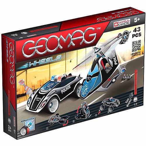 Geomag Wheels 43-Piece Police Transportation Vehicle Magnetic Construction Building Toy, Squad Car and Helicopter