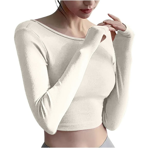Raeneomay Long Sleeve Shirts for Women Long Sleeved Solid Color Pullover Sports Non Removable Fitness Top