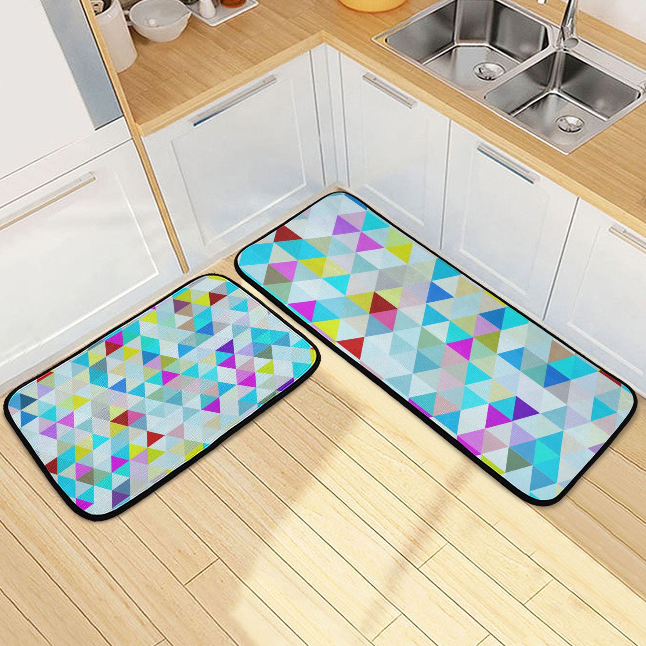 Geomeric Abstract Triangle Kitchen Rugs Set of 2 Non Slip Floor Foam ...