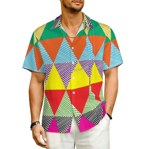 Geometic Colorblock Beach Shirt Mid Century Summer Casual Shirts Men Elegant Blouses Short