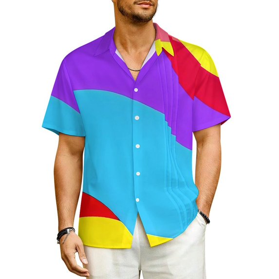 Geometic Colorblock Beach Shirt Mid Century Summer Casual Shirts Men Elegant Blouses Short