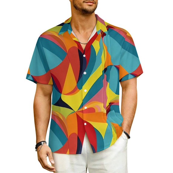 Geometic Colorblock Beach Shirt Mid Century Summer Casual Shirts Men Elegant Blouses Short