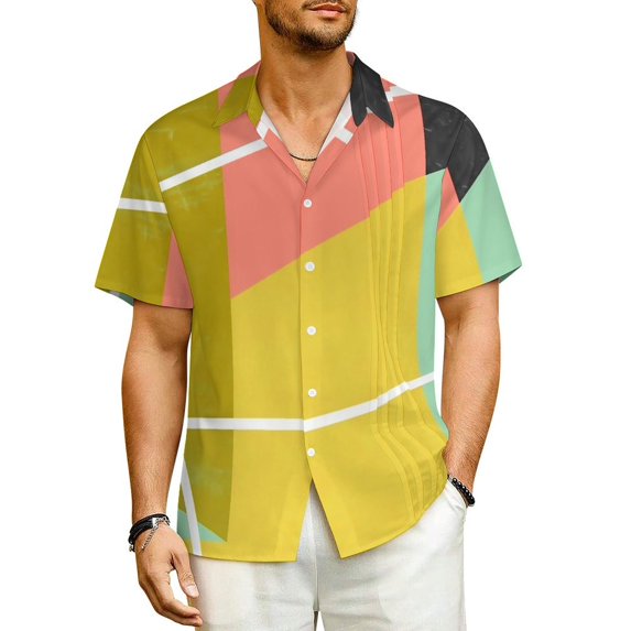 Geometic Colorblock Beach Shirt Mid Century Summer Casual Shirts Men Elegant Blouses Short