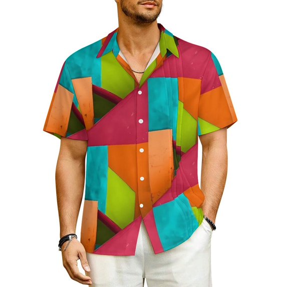 Geometic Colorblock Beach Shirt Mid Century Summer Casual Shirts Men Elegant Blouses Short