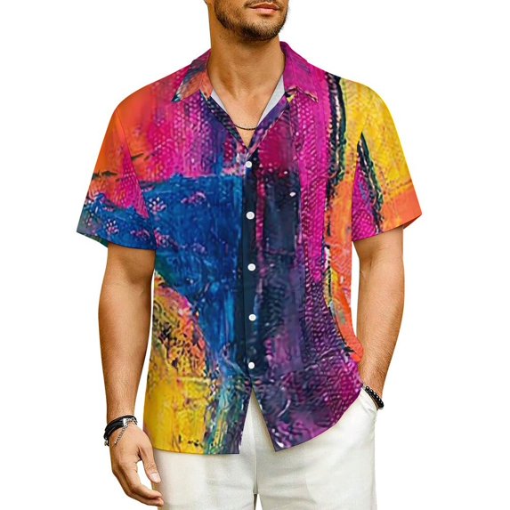 Geometic Colorblock Beach Shirt Mid Century Summer Casual Shirts Men Elegant Blouses Short
